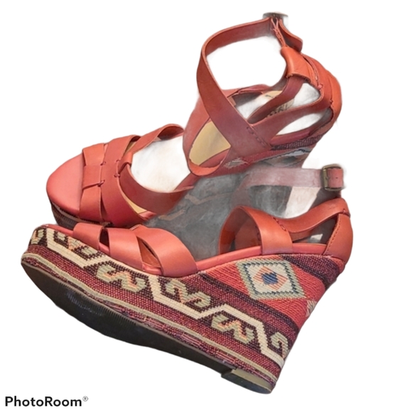 Zodiac Orange Leather Wedge Sandals - Picture 2 of 12